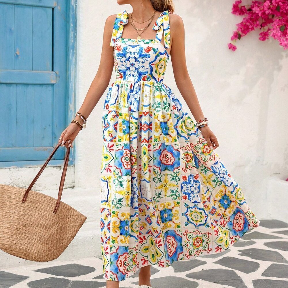 Multicolor Boho Women's Woven Printed Sleeveless Ankle Dress - Picture 4 of 7